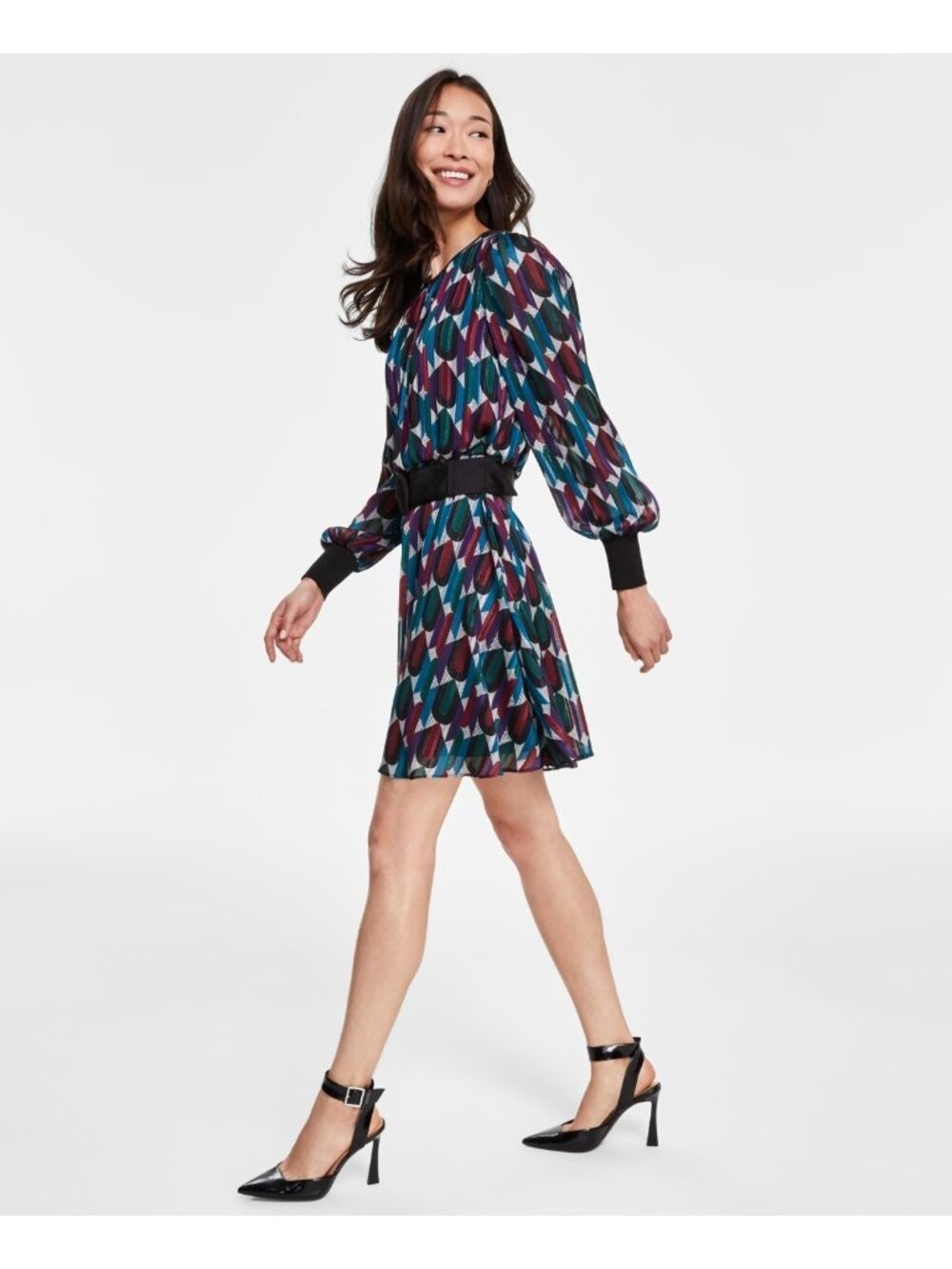 KARL LAGERFELD Women's Geo-Print A-Line Chiffon Dress Blue Black Size 8 $148